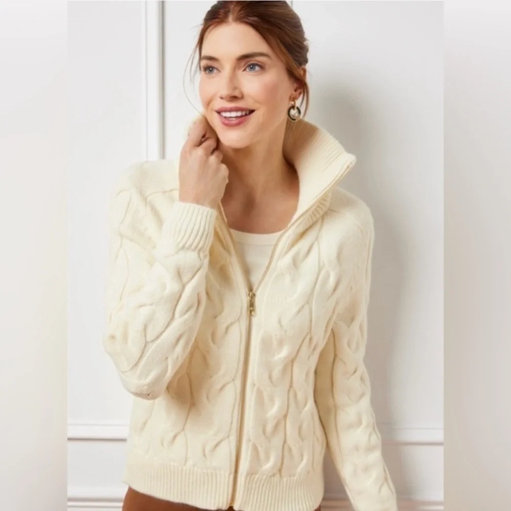 Talbots Sweater Cream Cable Knit Turtleneck Full Zip Cardigan Size XL